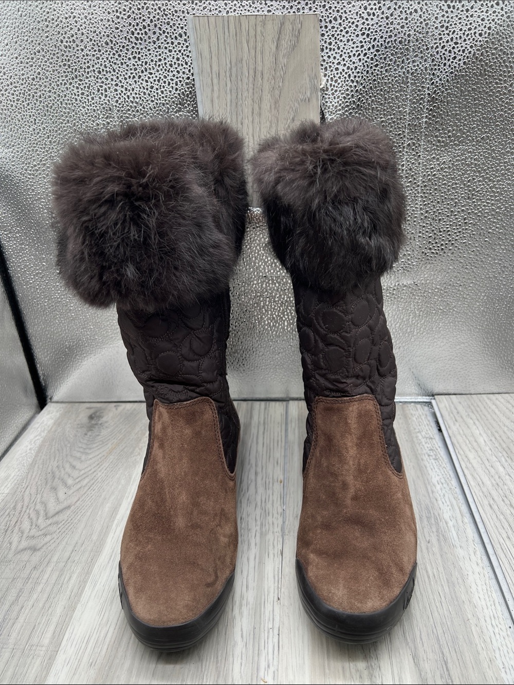 Coach Women's Talen Boot Size 8.5 Brown Suede Signature Quilted Nylon Rabbit Fur